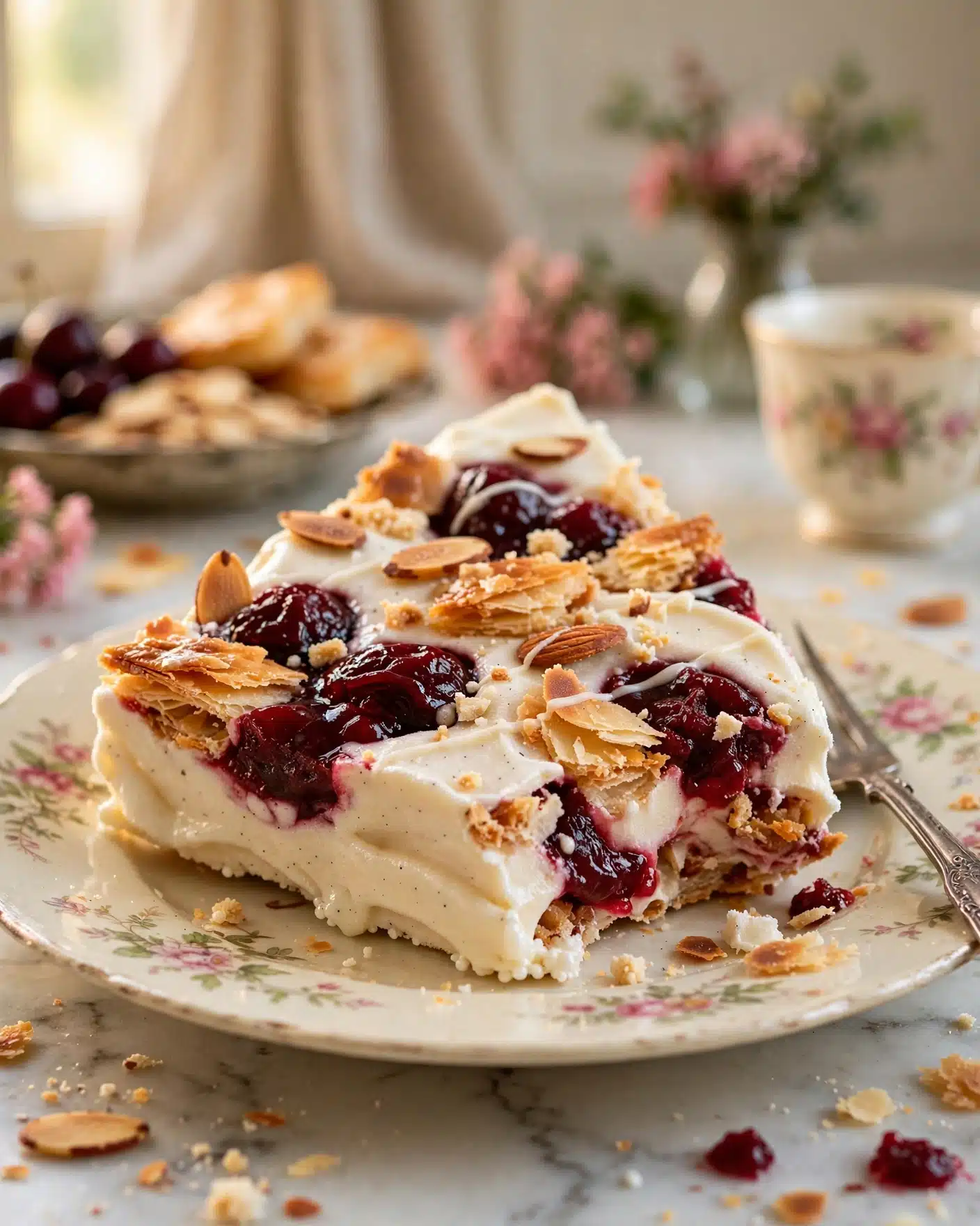 Cherry Almond Kringle Frozen Yogurt Bark topped with cherry swirls, toasted almonds, flaky pastry, and vanilla glaze.