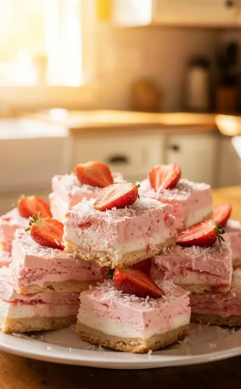 Creamy no-bake strawberry coconut bars with a buttery cookie crust.