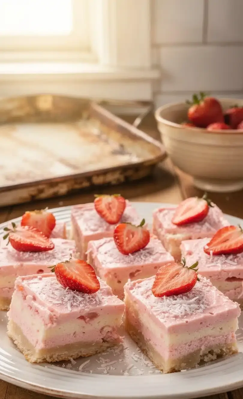 strawberry-coconut-cream-bars No-bake Strawberry Coconut Cream Bars with fresh strawberries and toasted coconut.