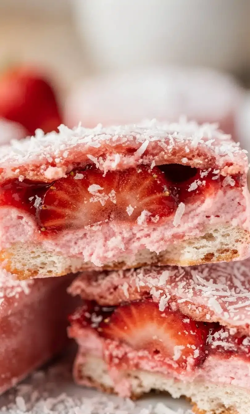 Strawberry Coconut Cream Bar Slice A sliced Strawberry Coconut Cream Bar showing buttery crust, creamy coconut filling, and fresh strawberry layer.