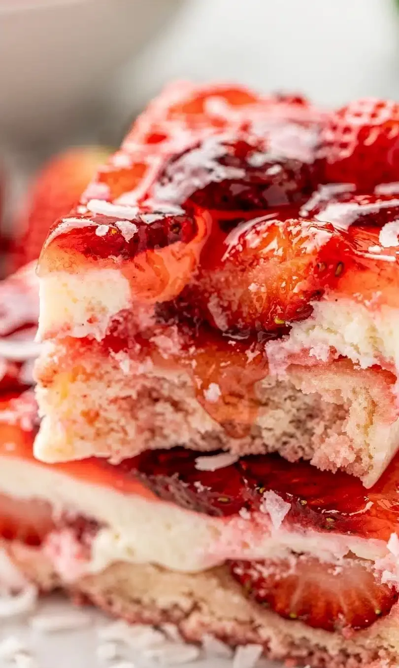 strawberry-coconut-cream-bars-slice. A refreshing layered strawberry coconut dessert perfect for summer.