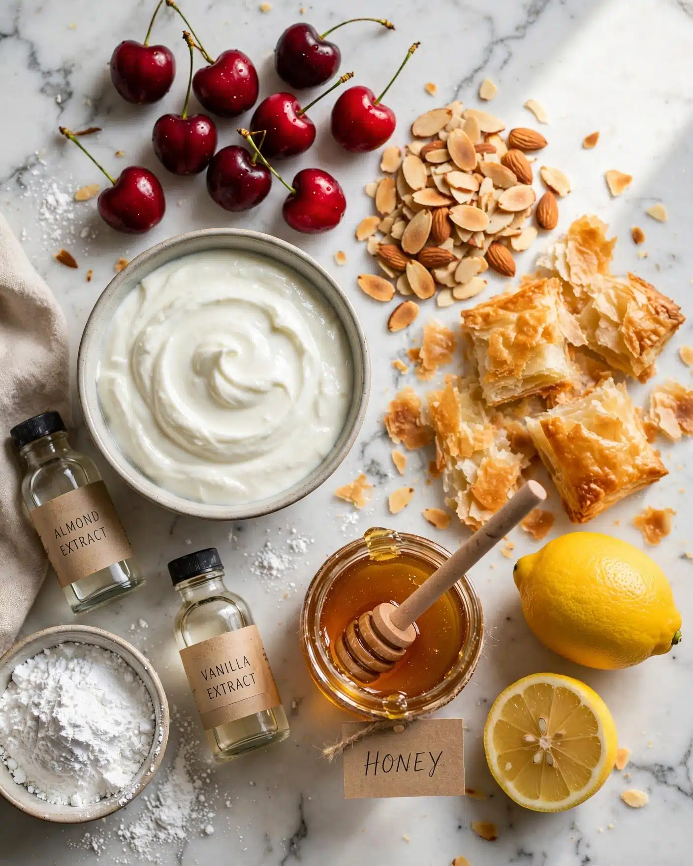 Ingredients for Cherry Almond Kringle Frozen Yogurt Bark Greek yogurt, cherries, almonds, puff pastry, vanilla, honey, and powdered sugar on a white marble countertop.