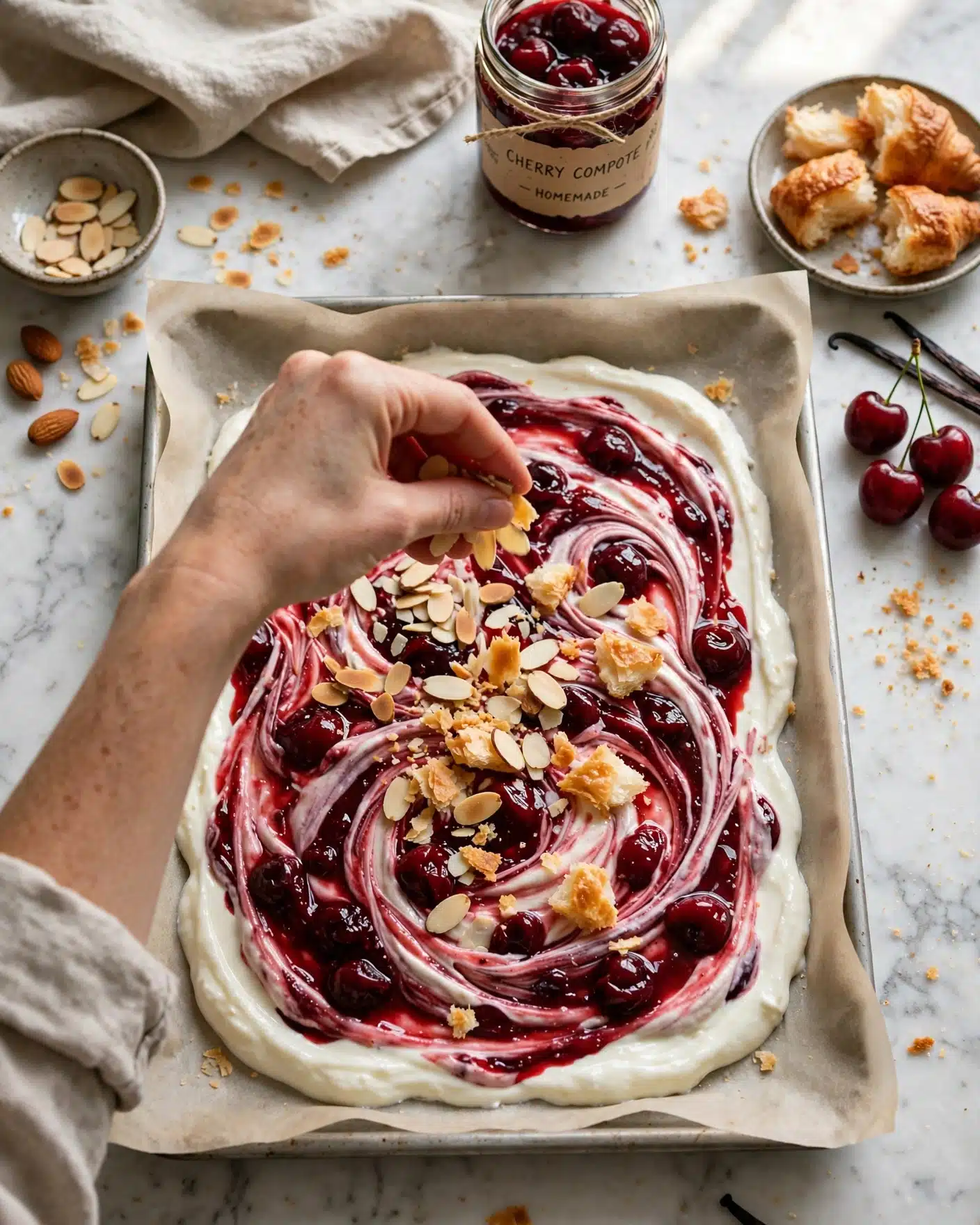Preparing Cherry Almond Frozen Yogurt Bark Hands swirling cherry compote into creamy yogurt before adding toasted almonds and pastry pieces.