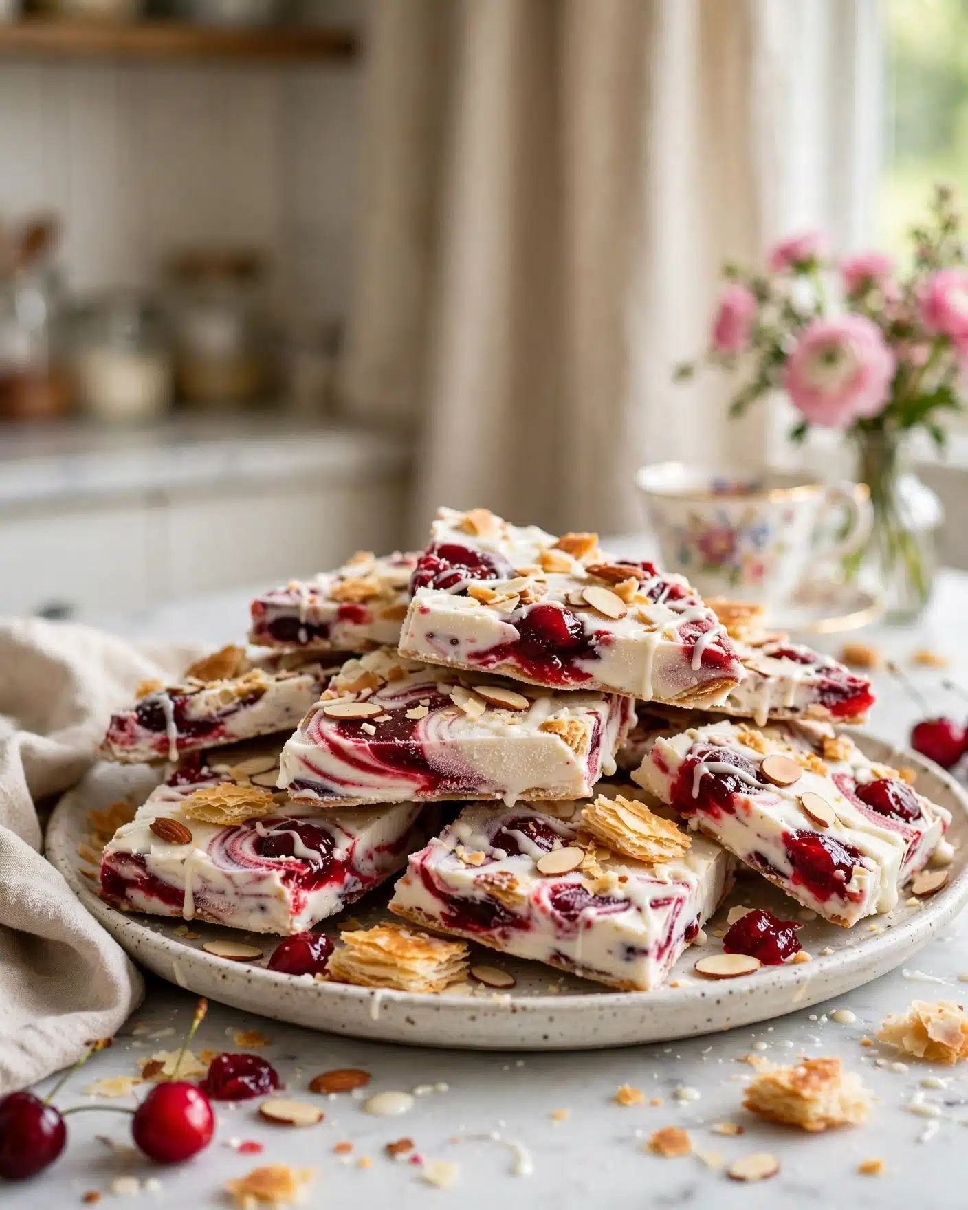 Cherry Almond Frozen Yogurt Bark Piece A thick shard of Cherry Almond Kringle Frozen Yogurt Bark showing creamy yogurt, cherry swirls, toasted almonds, and flaky pastry.
