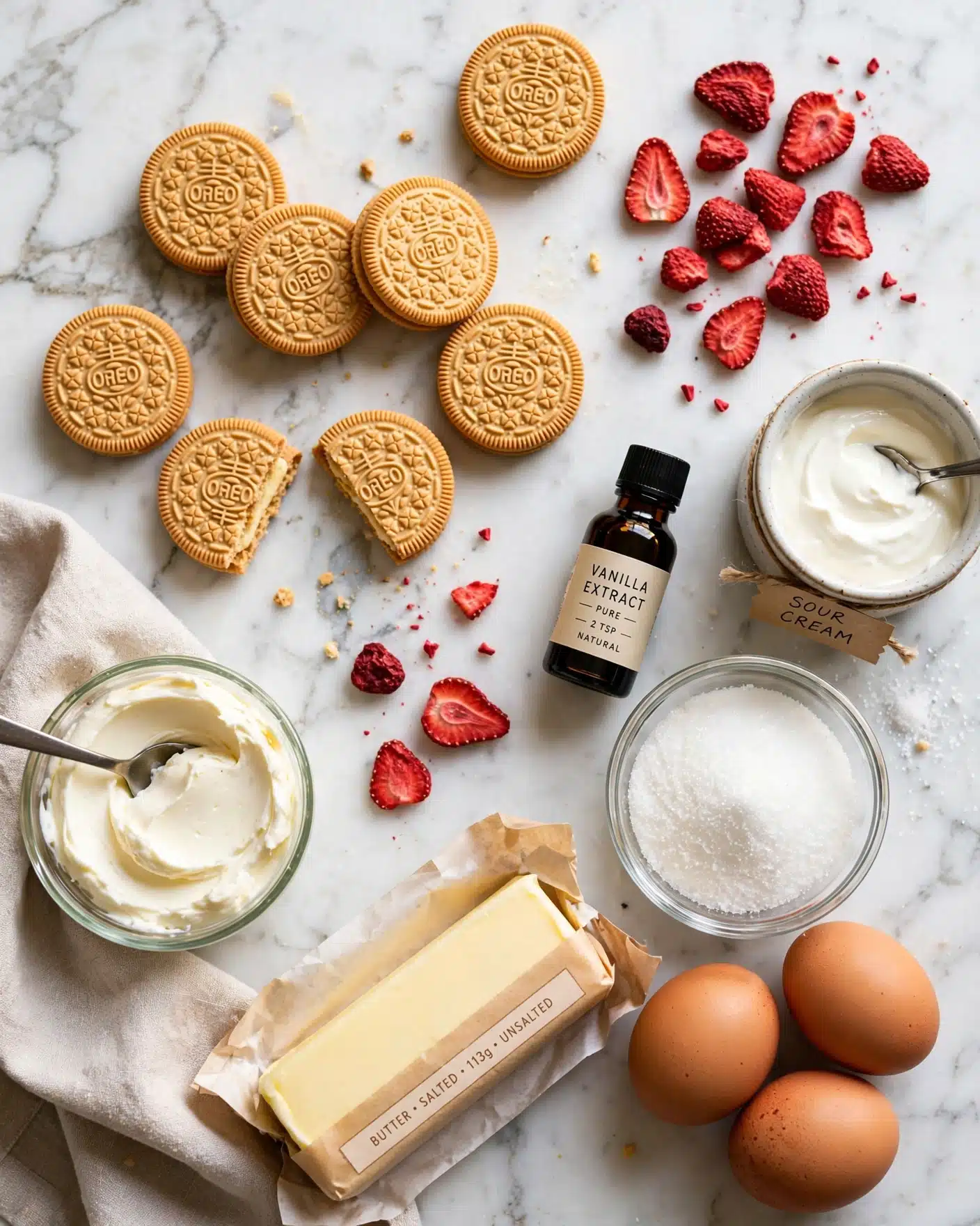 Ingredients for Strawberry Crunch Cheesecake Golden Oreos, cream cheese, freeze-dried strawberries, butter, sugar, eggs, and vanilla on a marble countertop.