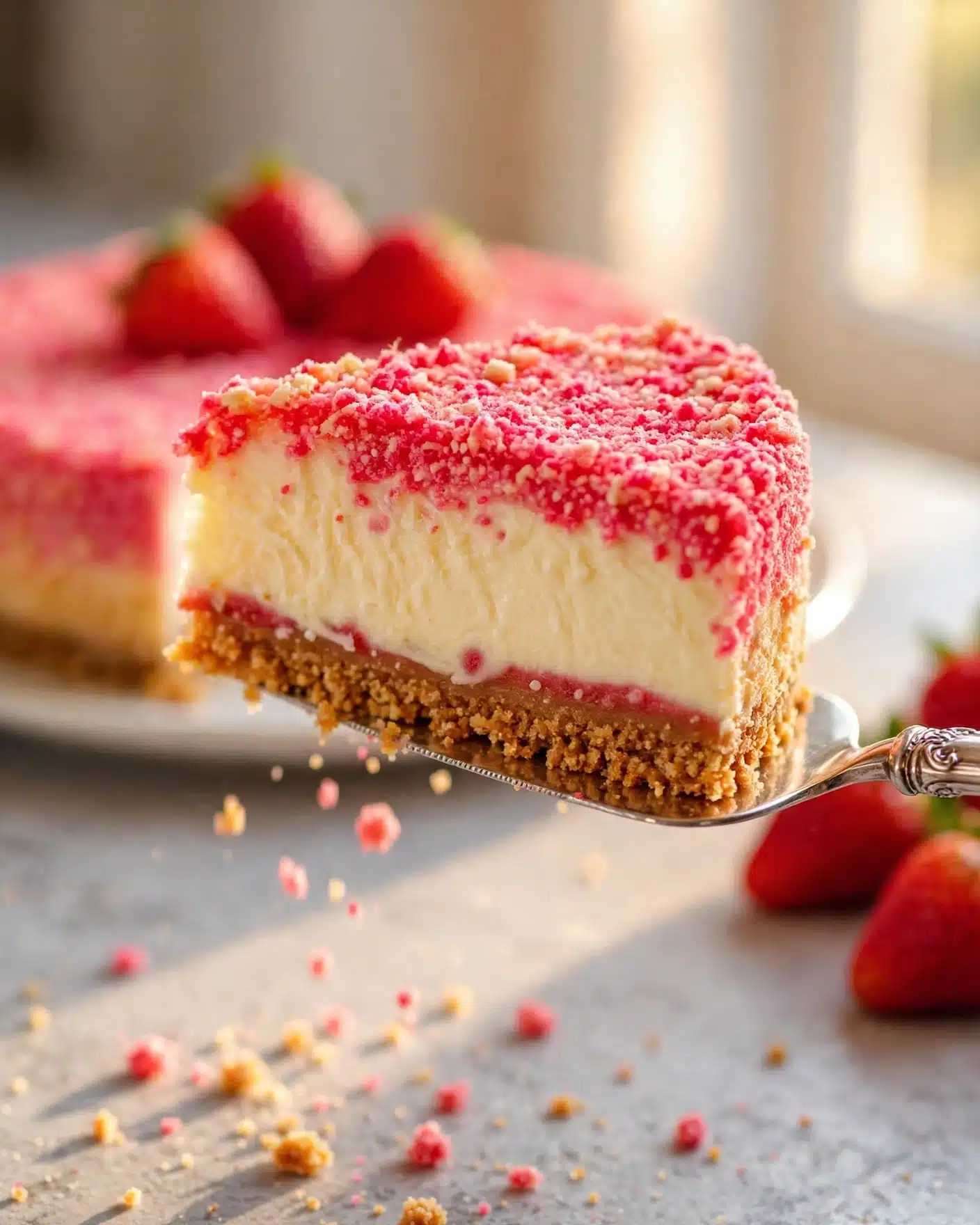 Strawberry Crunch Cheesecake Slice A slice of Strawberry Crunch Cheesecake with creamy filling and crunchy strawberry topping.