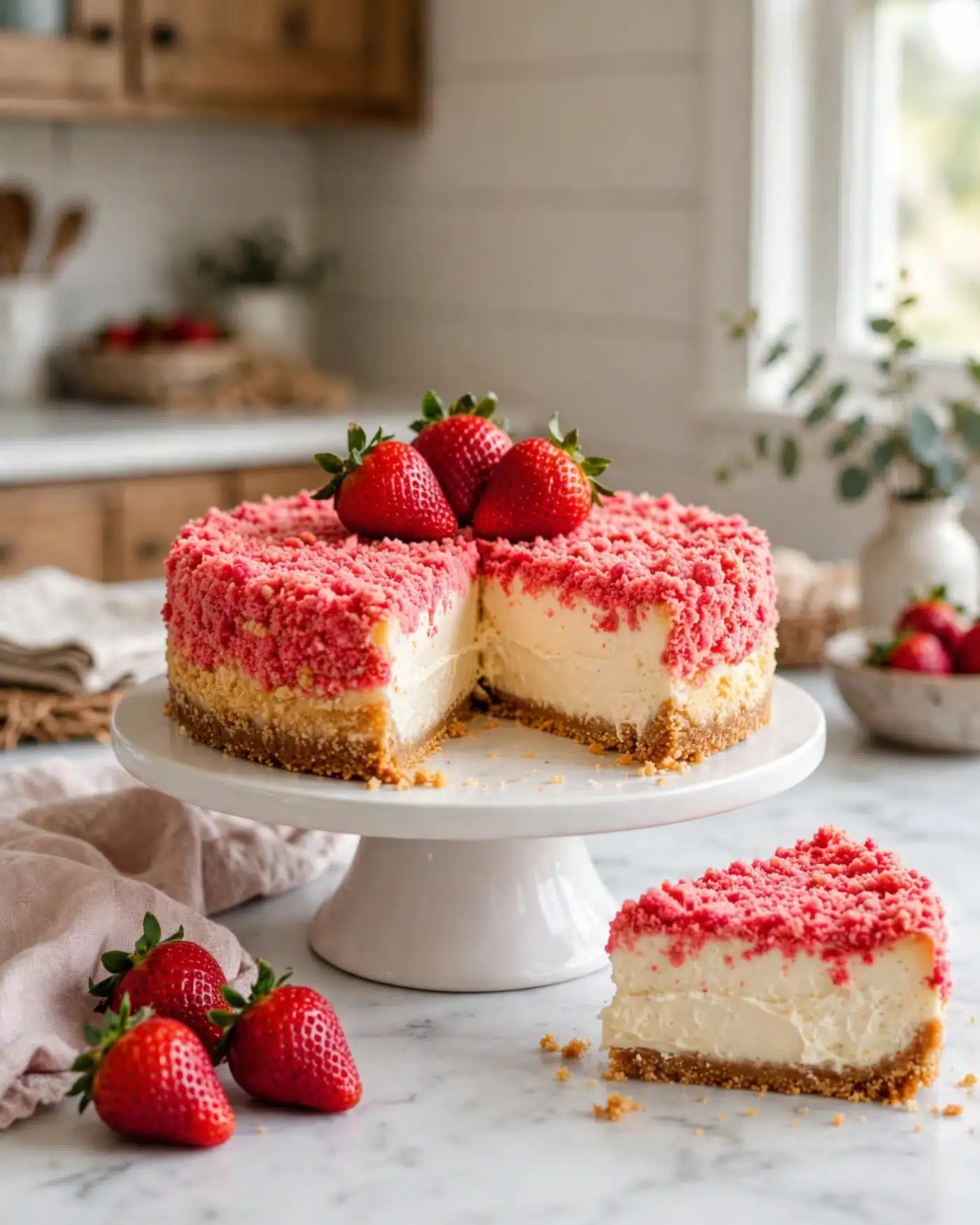 Creamy Strawberry Crunch Cheesecake topped with buttery strawberry cookie crumble.