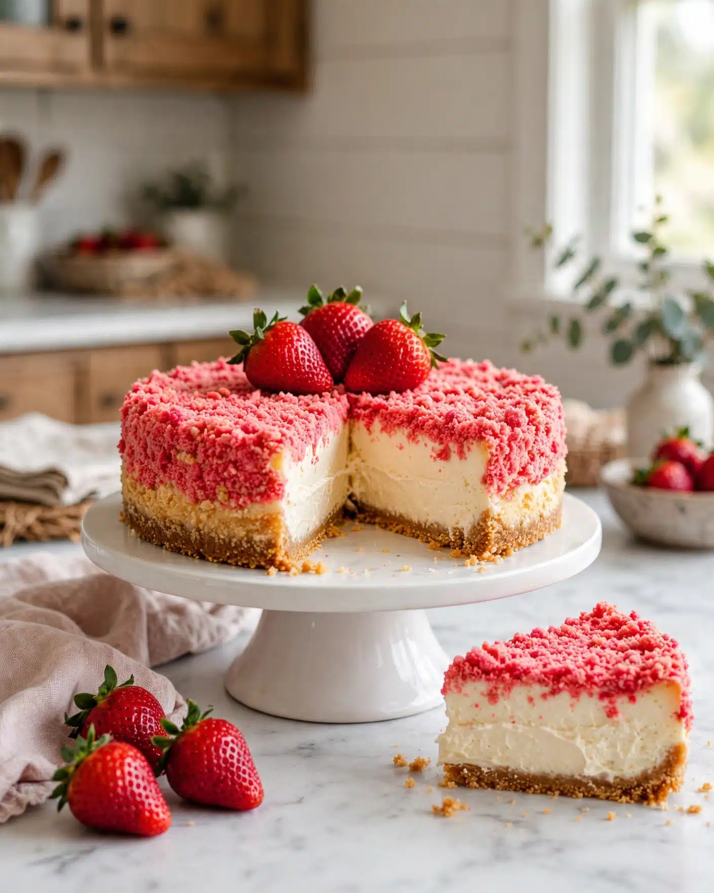 image_6strawberry-crunch-cheesecake Creamy Strawberry Crunch Cheesecake topped with buttery strawberry cookie crumble.