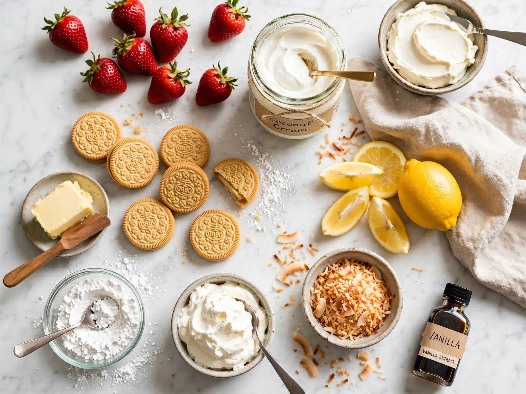 Ingredients for Strawberry Coconut Cream Bars Fresh strawberries, coconut cream, cream cheese, vanilla cookies, butter, sugar, and toasted coconut on a white marble countertop.
