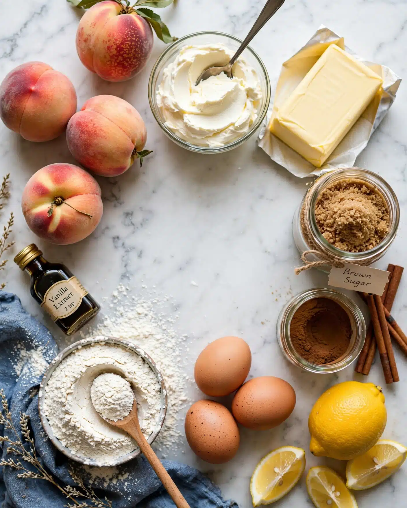 peach_baking_flatlay Hands layering peaches over cheesecake filling before baking.