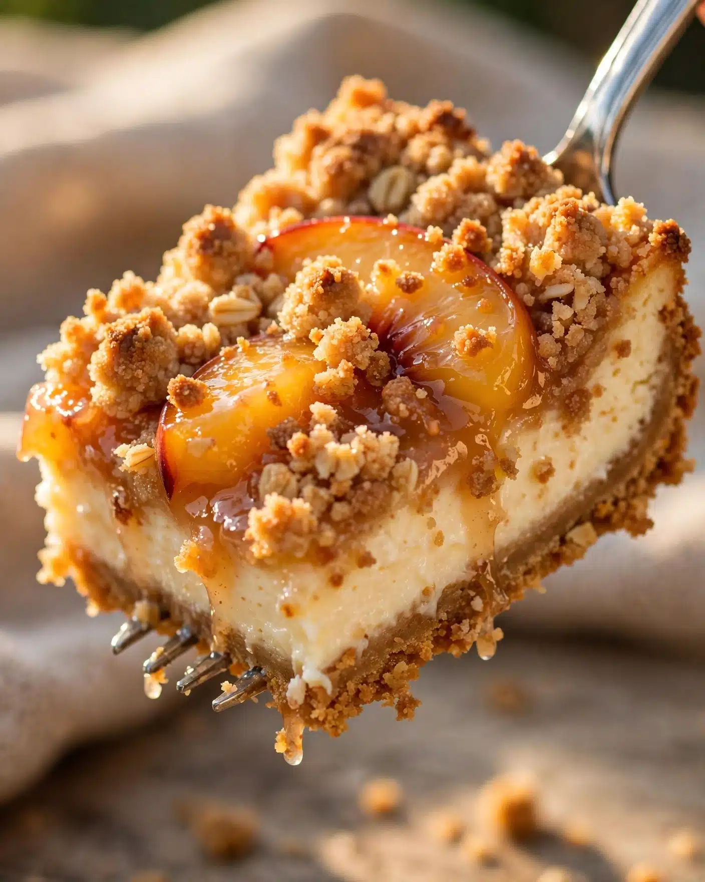 peach_cobbler_cheesecake_bar A slice of Peach Cobbler Cheesecake Bars showing creamy cheesecake and juicy peach layers.