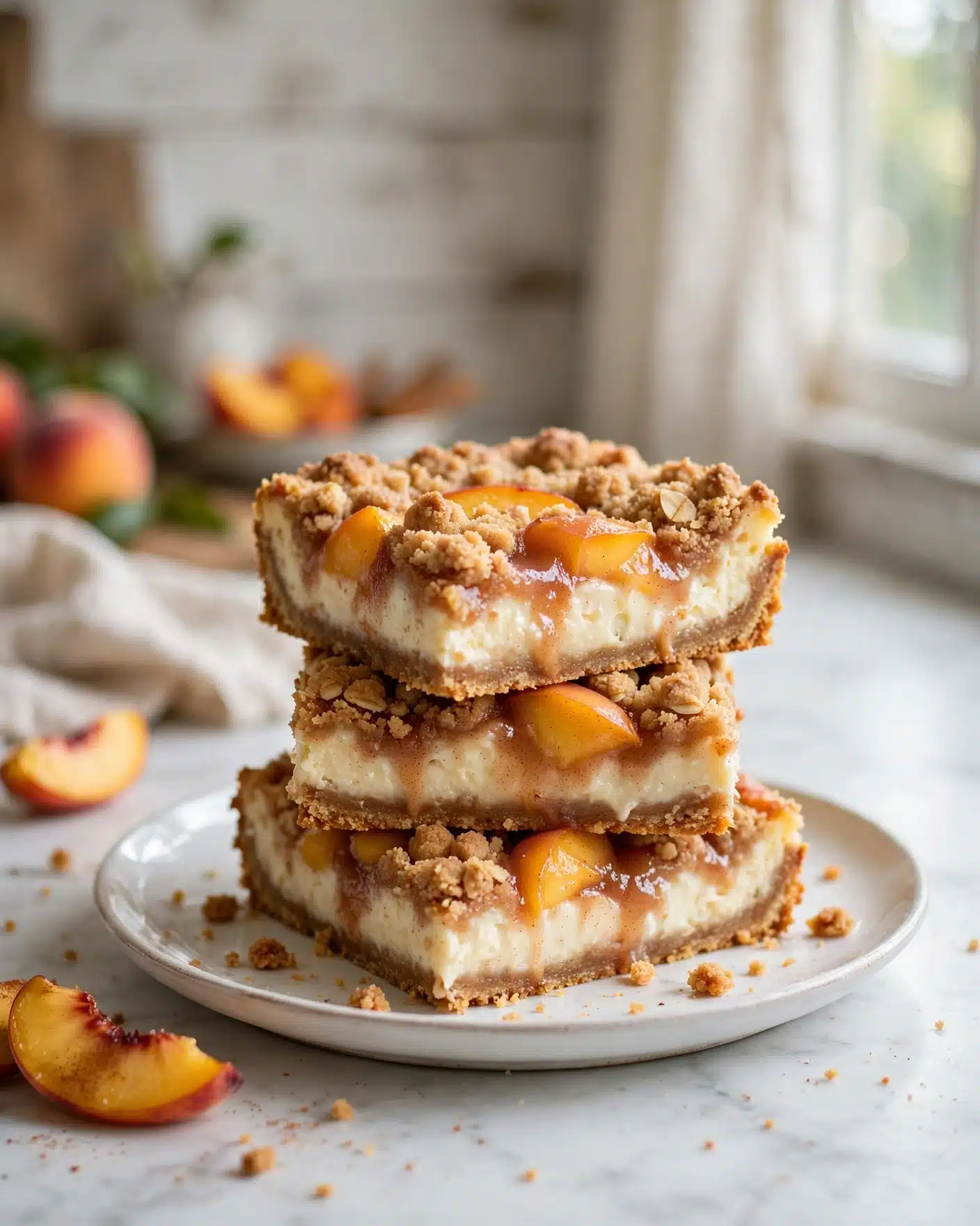 peach_cobbler_cheesecake_bars Peach Cobbler Cheesecake Bars with creamy cheesecake filling, juicy peaches, and buttery crumble topping.
