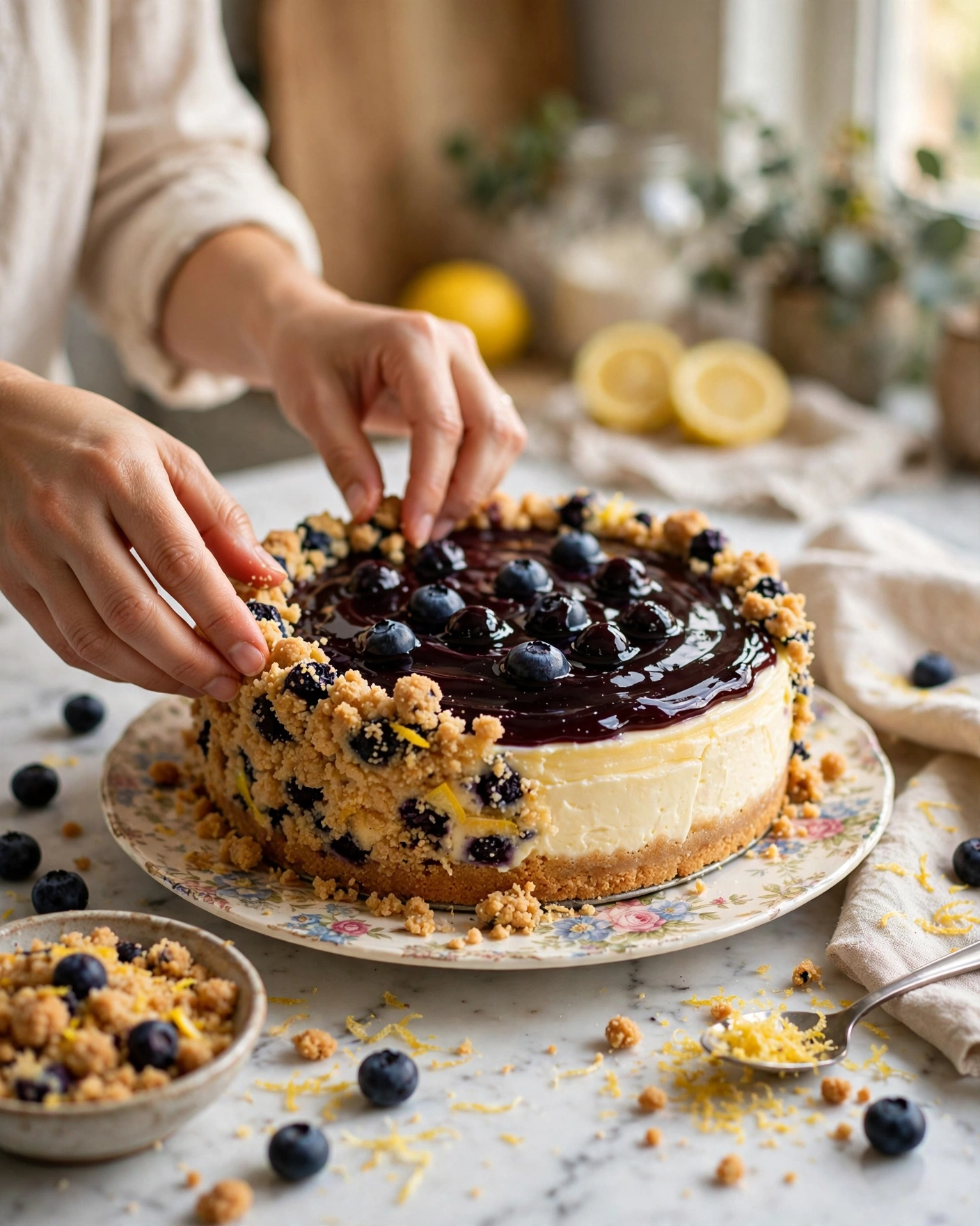 Hands adding blueberry lemon cookie crumble to a chilled homemade cheesecake.