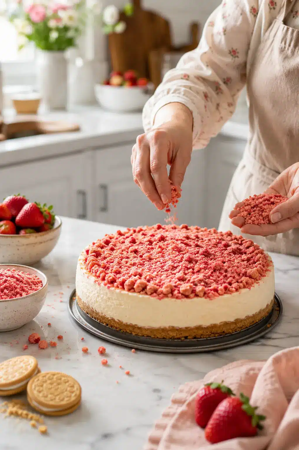 strawberry-crunch-cheesecake-preparation Hands sprinkling strawberry cookie crumble over homemade cheesecake.