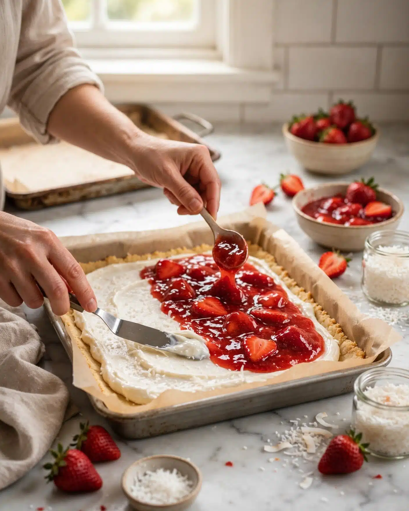 strawberry_coconut_prep Hands spreading creamy coconut filling over a buttery cookie crust.