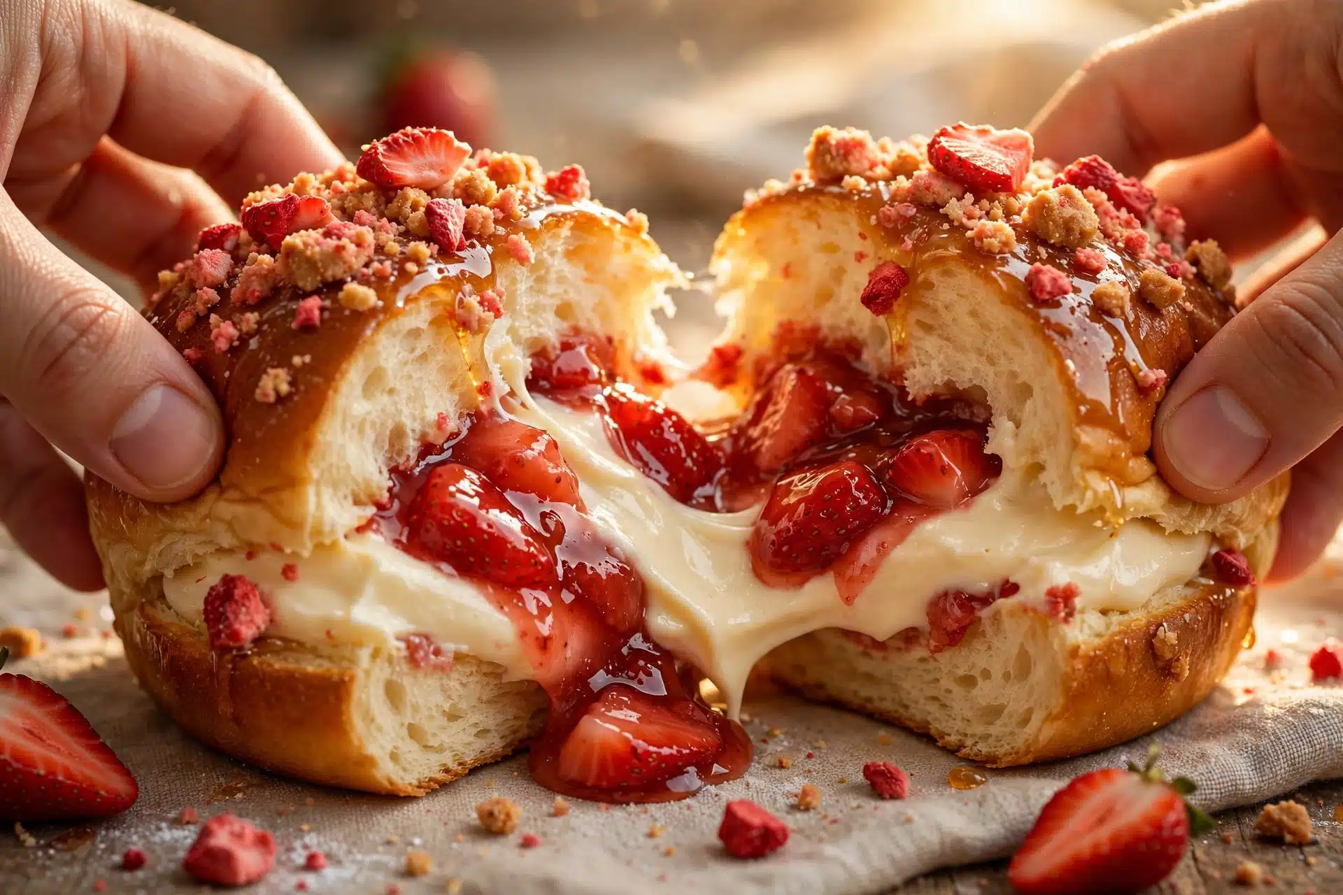 A warm Strawberry Honey Cream Cheese Bun pulled apart, revealing creamy vanilla filling and glossy strawberry compote.