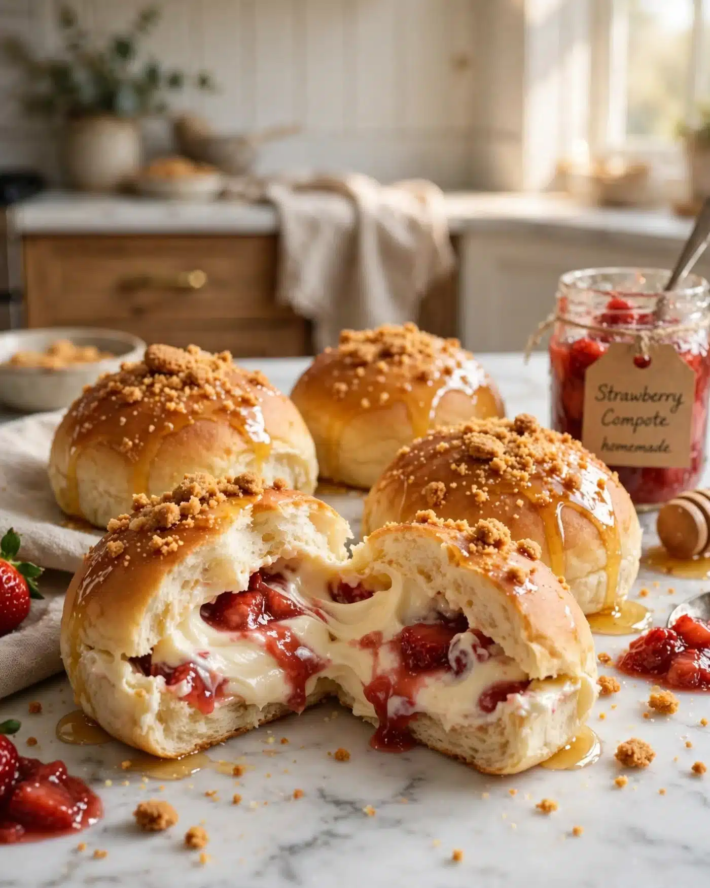 Soft Strawberry Honey Cream Cheese Buns filled with vanilla cream cheese and strawberry compote.