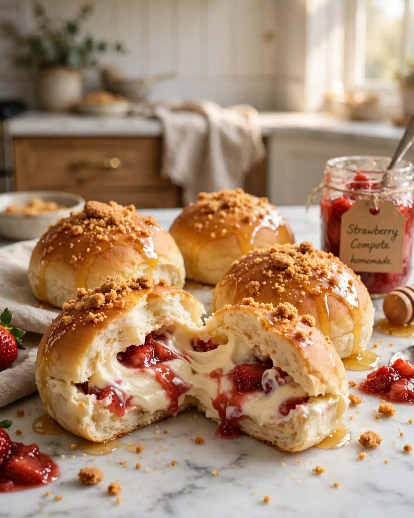 Soft Strawberry Honey Cream Cheese Buns filled with vanilla cream cheese and strawberry compote.