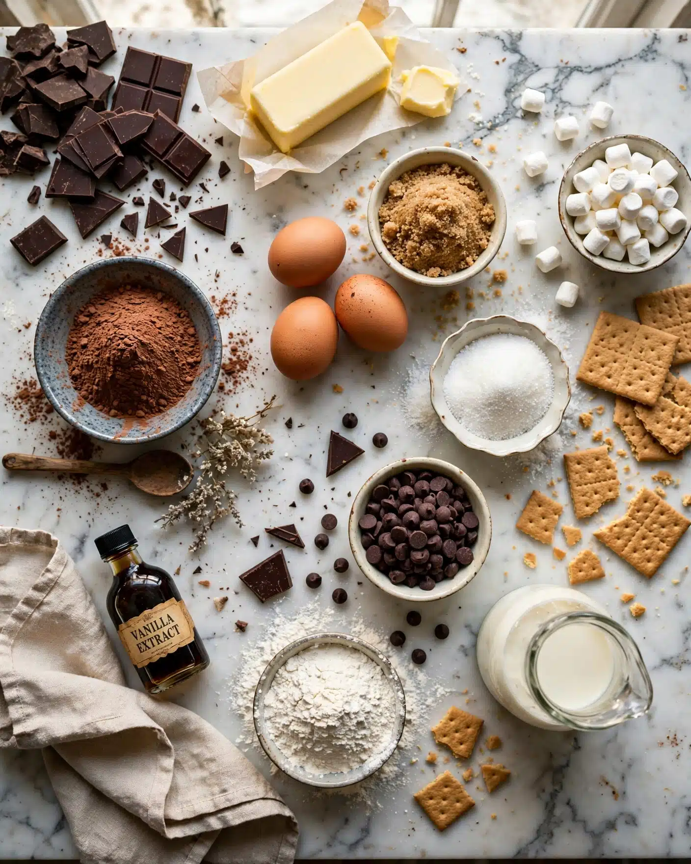 Chocolate, cocoa powder, marshmallows, graham crackers, eggs, butter, sugar, and cream for s’mores lava brownies.