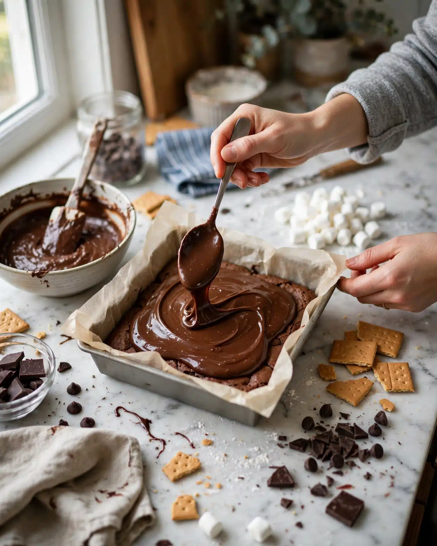 Hands adding chocolate ganache filling to fudgy brownie batter in a baking pan.
