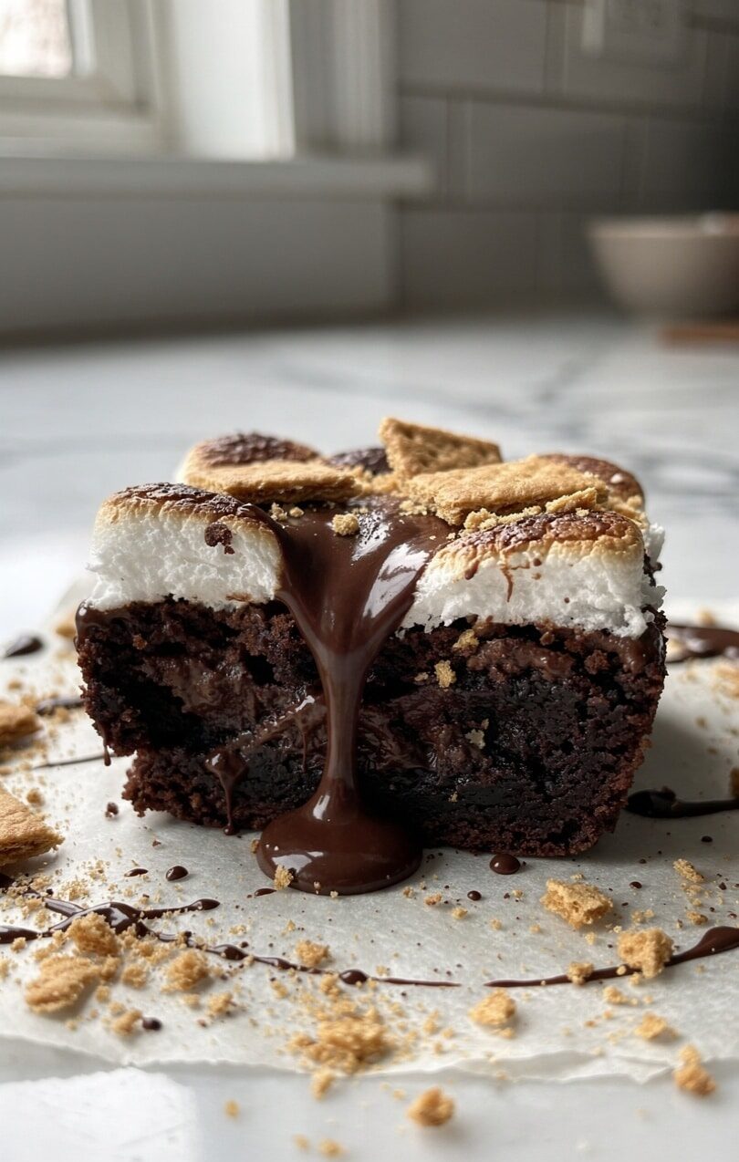 Gooey s’mores lava brownies with toasted marshmallows, graham crackers, and molten chocolate center.