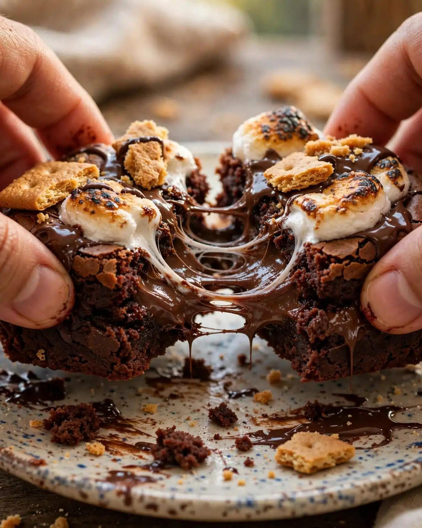 Warm s’mores brownie pulled apart with gooey chocolate center and melted marshmallow.